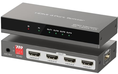 HDMI Splitter 1 in 4 Out, 4K@30Hz 1x4 HDMI Distributor Amplifier, Full Ultra HD 3D Audio Video Splitter Simultaneous Output for PS4 PC DVD Player HDTV Roku Blu-Ray