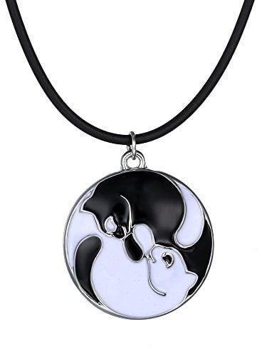 Feilok Vintage Glazed Lady Cats Pendant Long Chain Necklace-Black and White for Children