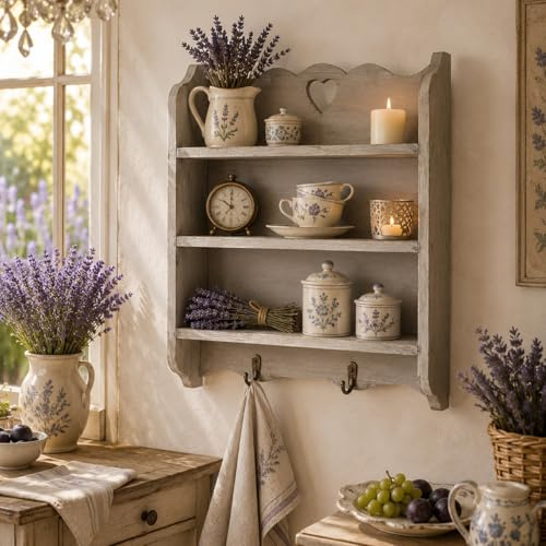DRULINE Wandregal Landhaus Holz mit 3 Ablagen & 2 Haken – Shabby Chic Gewürzregal Küche, Vintage Wandboard Badregal, Grau Weiß gewaschen, 38,5 x 48,4 x 9 cm