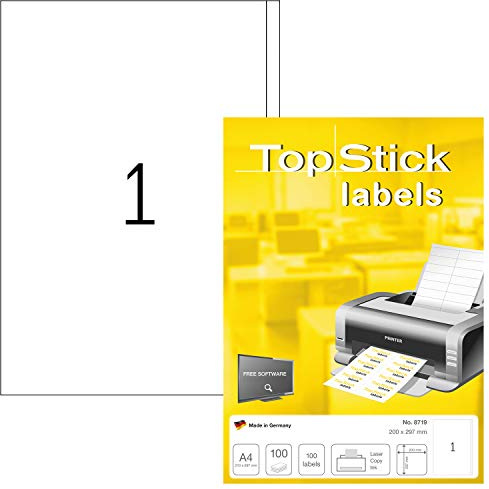 TopStick 8719 Universal Etiketten, 100 Blatt, 200 x 297 mm, 1 pro A4 Bogen, 100 Stück, selbstklebend, bedruckbar, matt, blanko Papier Klebeetiketten Aufkleber, weiß