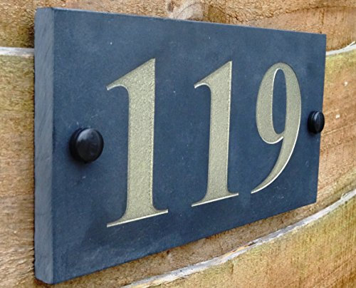 Natural Honed Slate Deep Engraved House Door Gate Number Sign Plaque 1-9999 (10 x 20cm up to 3 digits only, Gold)