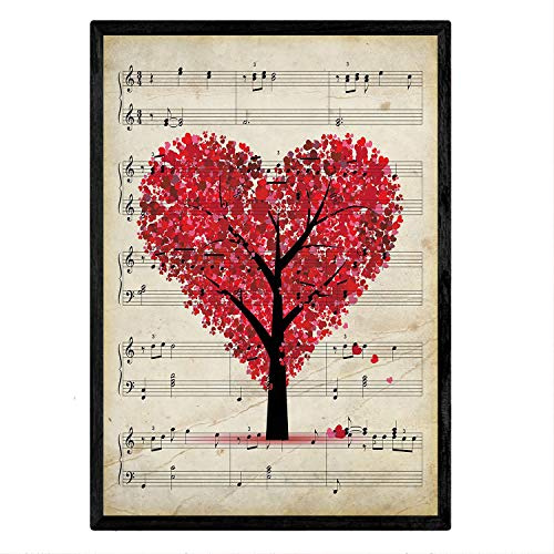Nacnic Vintage Poster mit Musiknoten und Baum der Liebe. Rahmendruck im A4-Format im Vintage-Stil.