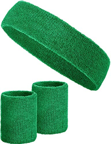 Set de 3 Bandeaux à Transpiration avec 2X Bandeaux à Transpiration pour Les Poignets + 1x Bandeau pour Femmes & Hommes (Vert foncé)