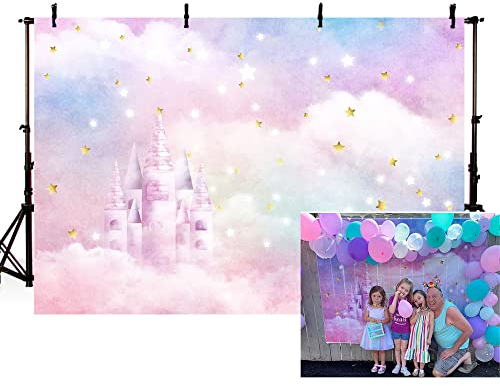 MEHOFOND 2,1 x 1,5 m verträumter Regenbogen Schloss Party Hintergrund Mädchen Bunte Wolken Gold Stern Prinzessin Fotografie Hintergrund Fotoshooting Dekor Banner Fotoautomaten Requisiten Zubehör