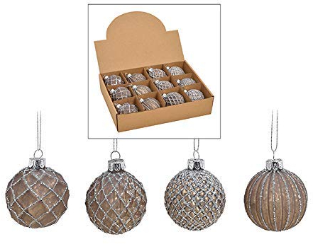 MC-Trend 12er Set edle Luxus Glas Weihnachtskugeln Ø 6cm Weihnachtsbaum Kugeln Christbaumkugeln Weihnachts Deko (BRAUN Silber)