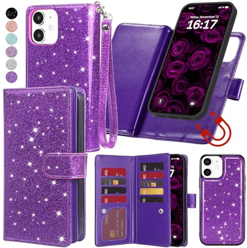 Varikke for iPhone 11 Wallet Case Detachable with Card Holder for Women, Fashion Glitter PU Leather Wrist Strap Strong Magnetic Flip Wallet Removable Phone Case Cover for iPhone 11 6.1, Dark Purple
