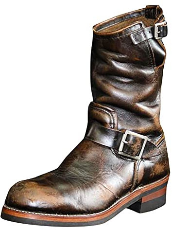 Stivali da uomo in pelle nera da cowboy Biker punta rotonda Slip su metà polpaccio, Caff, 42 EU