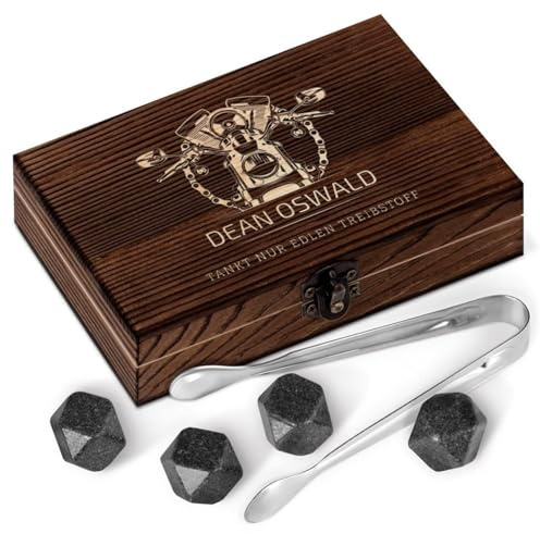 Maverton Whisky Steine Set - in Holzbox - personalisiert - 6 Eiswürfel + Zange + Velourbeutel - Kühlsteine - wiederverwendbar aus Granit - für Herren - Motorrad