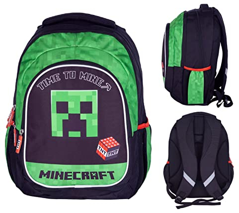 ASTRA Große - Dreifächiger Schulrucksack MOTIV - Minecraft Figuren Rucksack Schultasche Schulrucksack Jungen Creeper Design | licht Rucksack | rucksack jungen Große Kapazität CREEPER