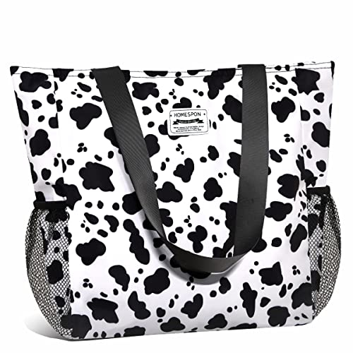 HOMESPON Große Wasserdichte Strandtasche mit Reißverschluss und Taschen für Damen (Kuh-Print)