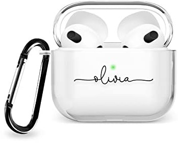 Tirita Personalised Custom Case Compatible with Apple AirPods 3rd gen, Support Wireless Charging, with Carabiner, Front LED Visible [03- Name Handwritten]