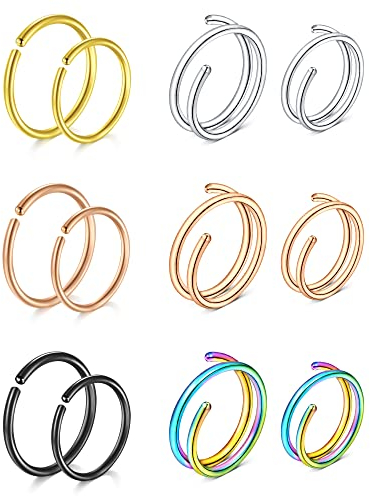 VF VFUN 12 Stück 20G 8/10MM Doppelring Septum Nasenring Biegbarer O-Ring Hoop Knorpel Aus Hypoallergenem Edelstahl Nasen Lippen Tragus Ohrring Piercing Schmuck Für Damen Und Herren Silber Gold