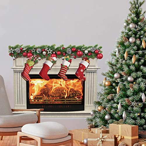 KAIRNE Adesivi e murali da parete Natale,3d Sticker da muro Camino invernale di Natale,Vischio Calze Natalizie Adesivi da parete,Calze Natalizie per camera da letto Soggiorno Decorazione