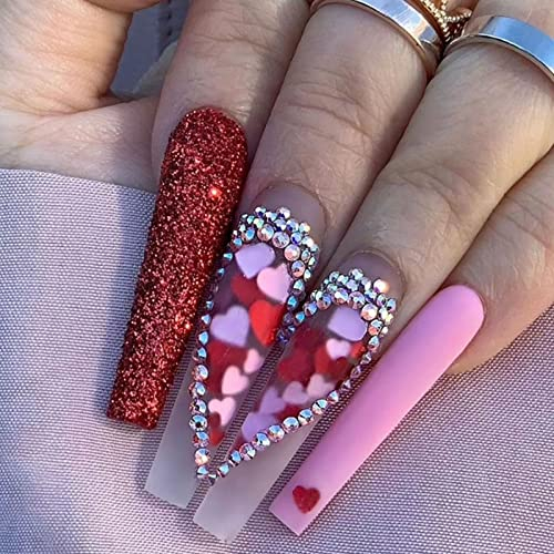 RUNRAYAY Coeur Rouge Faux Ongles, Presse Extra Longue sur les Ongles avec Strass, Coller sur les Ongles, Kit d'Art de Faux Ongles pour Femmes Filles 24Pcs