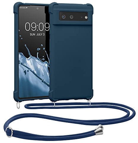 kwmobile Étui à bandoulière compatible avec Google Pixel 6 - Coque en silicone TPU avec sangle - Bleu foncé