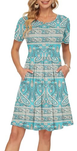 AUSELILY Summer Dresses for Women UK Short Sleeve Pleated Loose Swing Casual Dress with Pockets Knee Length Boho Floral Green M