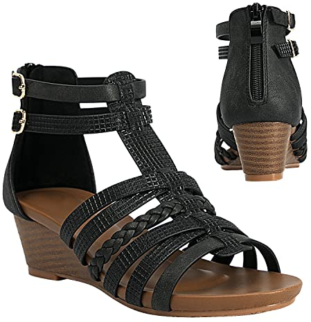 STMAHER Gladiator-Sandalen für Damen, Silber, Keilriemen, Sandale, leger, Sommer, Strand, 2Schwarz 38