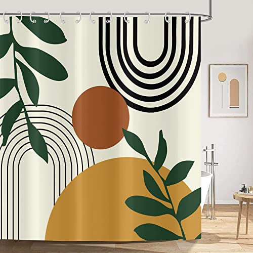 ASDCXZ Boho Style Duschvorhang 180x180 cm, Modern Abstrakt Kunst Boho Sonne Grün Blätter Gelb Bad Waschbar Duschvorhänge Polyester Textil Wasserdicht Duschvorhang für Badewanne mit 12 Haken