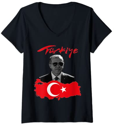 Damen Recep Tayyip Erdogan Türkiye Flagge T-Shirt mit V-Ausschnitt