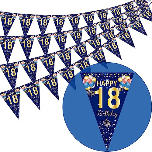 40Pcs Navy Blue Happy 18th Birthday Banner - Navy Blue & Gold Glitter 18th Anniversary Party Decoration Supplies, Triangle Flag Banners