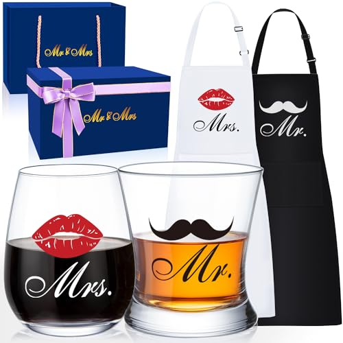 LIGHTEN LIFE Hochzeitsgeschenke, Verlobungsgeschenke für Paare, Mr & Mrs Appron und Wein-Whiskyglas-Set, Jubiläumsgeschenk für Brautpaare, Brautparty-Geschenke, Mr und Mrs-Geschenkset