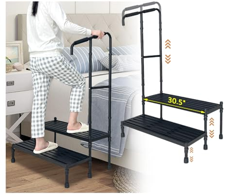NEAUDE Bett Tritthocker mit Griff Medizinische Nachttreppe für hohe Betten Erwachsene Assist Rail Verstellbare Breite Plattform Stufe ältere Senioren Behinderung Mobilität Zwei Stufen Hocker