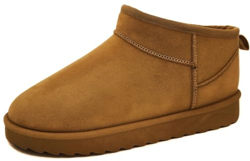 TruFox Women’s Mini Boots Cozy Faux Fur Lined Ankle Booties, Slip On Winter Slippers for Indoor Outdoor Wear, Tan, 9