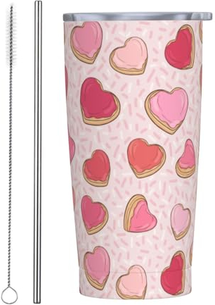 Perinsto Reisebecher mit Deckel und Strohhalm, Motiv: leckere Donuts, Edelstahl, isoliert, Geschenk für Männer und Frauen, 590 ml, Rosa