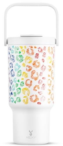 Meoky 32 oz Tumbler with Handle, Tumbler with Lid and Straw, Stainless Steel Travel Mug, 100% Leak Proof, Keeps Cold for 24 Hours, Fits in Car Cup Holder (Kiss)