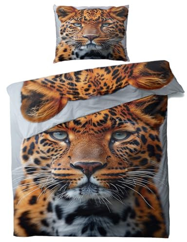 MOBEITI Leopard Bettwäsche 155x220, Tiere Wendebettwäsche, Weiche Kuschelige Mikrofaser Bettbezug Set 2teilig, 1 Kissenbezug 80x80, mit Reißverschluss -MO&254