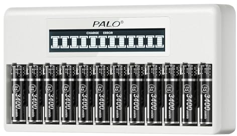 Palogreen Piles Rechargeable AA avec Chargeur - 12 Piles AA 3400mWh avec USB C Type-C Charge Indépendante LCD Chargeur Rapide pour Piles Rechargeables AA AAA 1,5 V