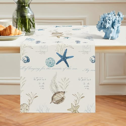 Bonhause Tischläufer Blauer Ozean Strand Seestern Muschel Tischläufer Nautisch Küste Küche Esstisch Dekoration für Drinnen Draußen Urlaub Party Waschbar Wohnkultur Tafeltuch (33 x 183 cm)