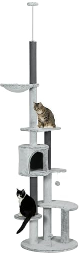 PawHut Kratzbaum Deckenhoch, Katzenbaum, 225-255 cm Katzenkratzbaum mit Katzenhöhle, Kratzstämmen, Korb, Spielball, Katzenmöbel mit Kippschutz, Grau