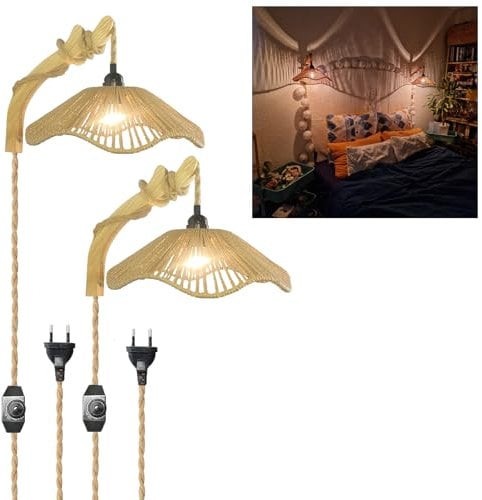 Applique Murale Bois avec interrupteur, Lot de 2 Lampe Mural Rotine Boho Luminosité Variable avec Câble de Corde de Chanvre 3 m Luminaire Muraux Vintage Rétro E27 pour Intérieure Chambre Chevet Salon