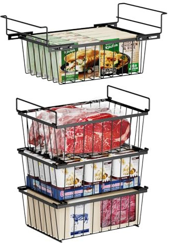 iSPECLE 4er Gefrierkörbe - 3 stapelbare Truhengefrier-Organizer und 1 hängender Gefrierkorb für 215L Truhengefrierschrank, schafft zusätzlichen Platz, einfach zum Sortieren und Essen bekommen, Schwarz