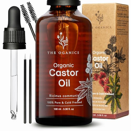 THE OGANICS® Castor Oil 100ml – Organic 100% Pure, Cold-Pressed, Natural – for Eyelashes, Eyebrows, Hair & Nails – Vegan, Cruelty-Free – Glass Bottle with Pipette + 2 Brow & Eyeliner Brushes
