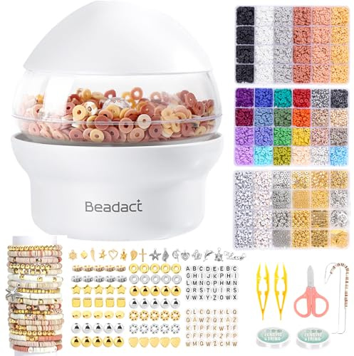 Beadact 7200 PCS Clay Beads Bracelet Making Kit with Bead Spinner, 3 Boxes Earth-Toned Colors Clay Bead and Letter Beads, Friendship Bracelet Making Kit, Charm Crafts Kits Gifts