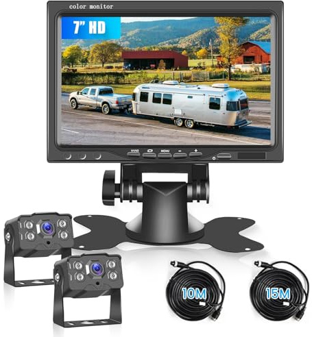Telecamera Retromarcia HD 1080P 7 Pollici IPS Monitor 2 Camera Kit, Impermeabile IP68 IR Visione Notturna Telecamera di Retromarcia per Camion, Autobus, Furgoni, Camper, 10M cavo+15M cavo