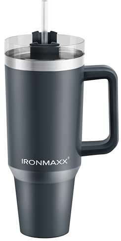 IronMaxx Cup mit Griff - Anthrazit 1,2L | mit inkludiertem Strohhalm | Schlankes modernes Design aus rostfreiem Edelstahl | doppelwandige Isolierung | hält Warm und Kalt