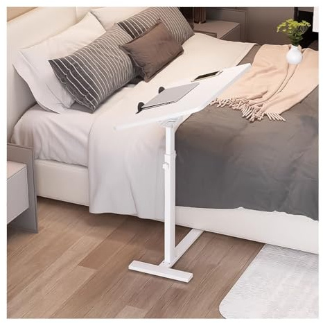 KMUD Adjustable Overbed Bedside Table with Wheels, Mobile Rolling Standing Desk over Bed, Cart Bed Side Table TV Tray Table Dinner Table Laptop Stand for Couch for Home Use(White)