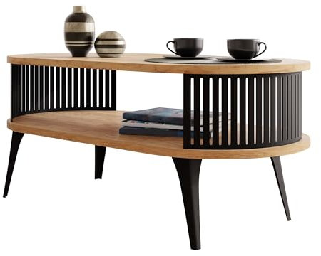 Mirjan24 Couchtisch mit Ablage Rajkon, Ovale Form, Metallbeine, Kaffeetisch, Wohnzimmertische, Beistelltisch, Sofatisch, Teetisch (Eiche Craft Gold, Schwarz)