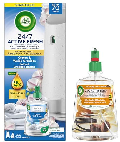 Air Wick Active Fresh Wasserbasiertes Automatisches Duftspray Starter Set inklusive Nachfüller 1x228ml Cotton & Weiße Orchidee & 1x 228ml Süße Vanille & Sheabutter