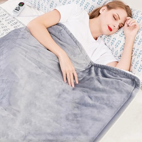 Mia&Coco Electric Heated Blanket Throw 120×160cm, Flannel Sherpa, Fast Heating, 10 Heat Levels, 9H Auto-Off, LED Controller, Overheat Protection, Machine Washable, ETL Certified, Grey