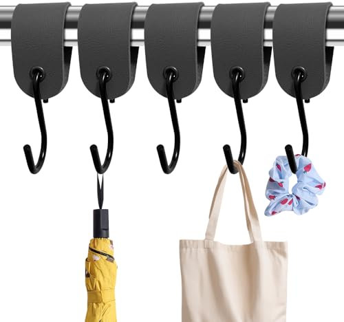 MUWINC Leather S Hooks Multipurpose-5 PCS Metal S-Shaped Camping Hook with Reinforced Straps,Wardrobe Storage Hooks,for Clothes,Kitchen,Camping Accessories (Black)