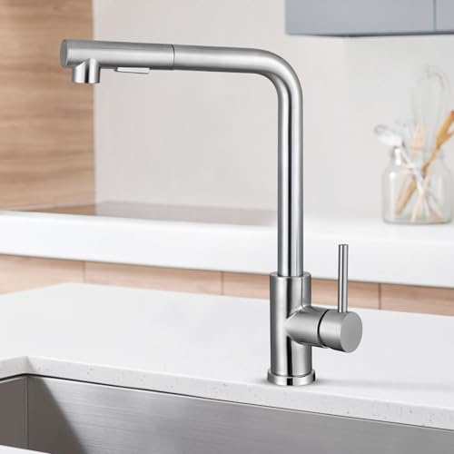 Petyoung Wasserhahn Küche Ausziehbar, 360°Drehbare Edelstahl Küchenarmatur Mit herausziehbarem Schlauch, 2 Strahlarten, Mischbatterie Küche mit Brause, Silber