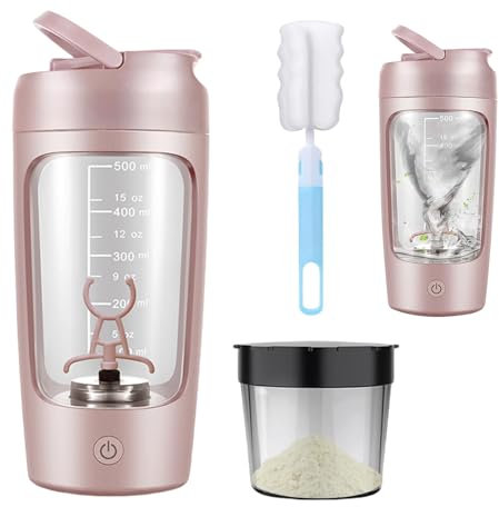 Calenxy 650ML Shaker Elektrisch Shaker mit Pulverfach, Eiweiß Shakers Flasche, ShakerProteinshake USB Wiederaufladbar Mixerbecher, Protein MixerShaker für Proteinshake und Milch ShakeBPA-frei (Rosa)
