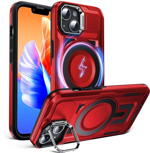 DASFOND Hülle für iPhone 14/13, [Kompatibel mit MagSafe] Stoßfestes Militärgeprüftes Handyhülle Case mit Standfuß | Wireless Charging | Doppelschicht Schutz | Rutschfester Bumper, Rot