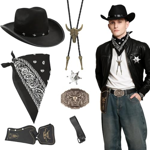AYNKH 7 Stück Western-Cowboy-Zubehör für Erwachsene, Cowboyhut, Paisley-Bandanna, Gürtel, Holster, Krawatte, Bolo, Sheriff-Abzeichen, Halloween, Themenpartys, Kostüme des wilden Westens