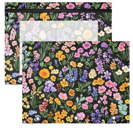WDdZzyy Fall Flowers Orchid Lavender Hosta Black Binder with Smooth Zippers Pocket Folders for 3 Rings Binder 2 Pack Students Office
