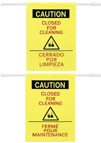 Fanfanwin 2 Pack Restroom Closed for Cleaning Sign with English, Spanish and French Text 27.56-51.18 In Expandable Yellow Commercial Door Barricade Sign Hanging Doorway Safety Banner for Restroom